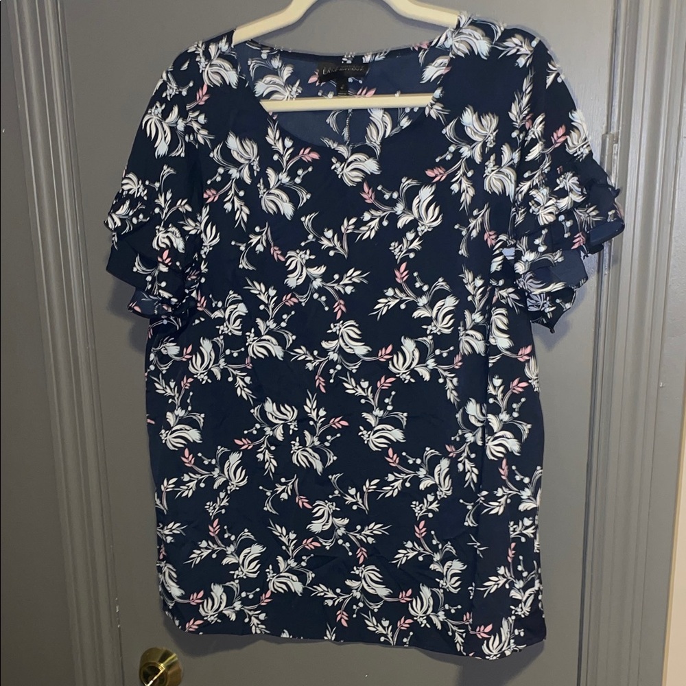 Lane Bryant Navy Floral Ruffle Sleeve Blouse